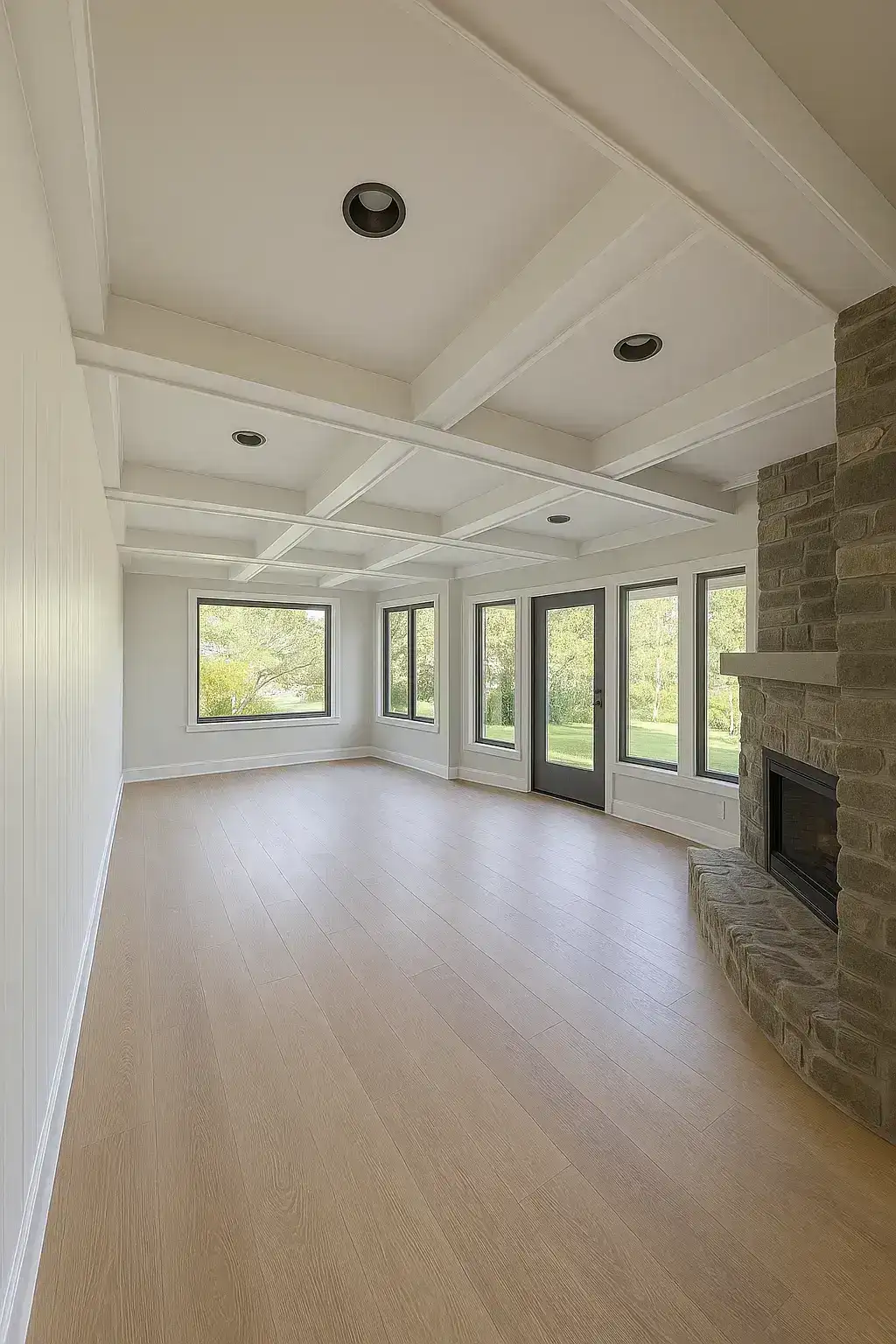 Rustic wood beam installation bringing warmth and character to a great room ceiling